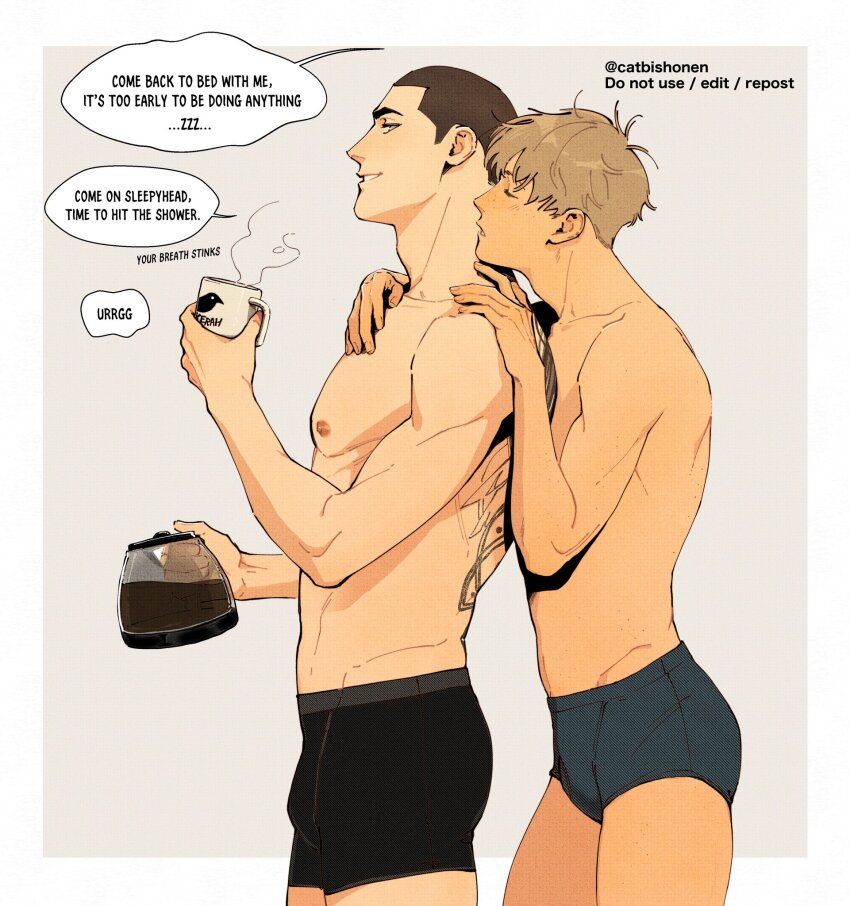 2boys, adam_parrish, black_hair, black_male_underwear, blonde_hair, blue_eyes, blue_male_underwear, body_freckles, boxer_briefs, briefs, buzz_cut, catbishonen, closed_eyes, coffee, coffee_pot, couple, cowboy_shot, cup, english_text, freckles, from_side, grey_background, highres, holding, holding_cup, male_focus, male_underwear, morning_after, multiple_boys, nipples, ronan_lynch, short_hair, simple_background, sleepy, smile, speech_bubble, steam, the_raven_cycle, toned, toned_male, topless_male, underwear, underwear_only, very_short_hair, yaoi