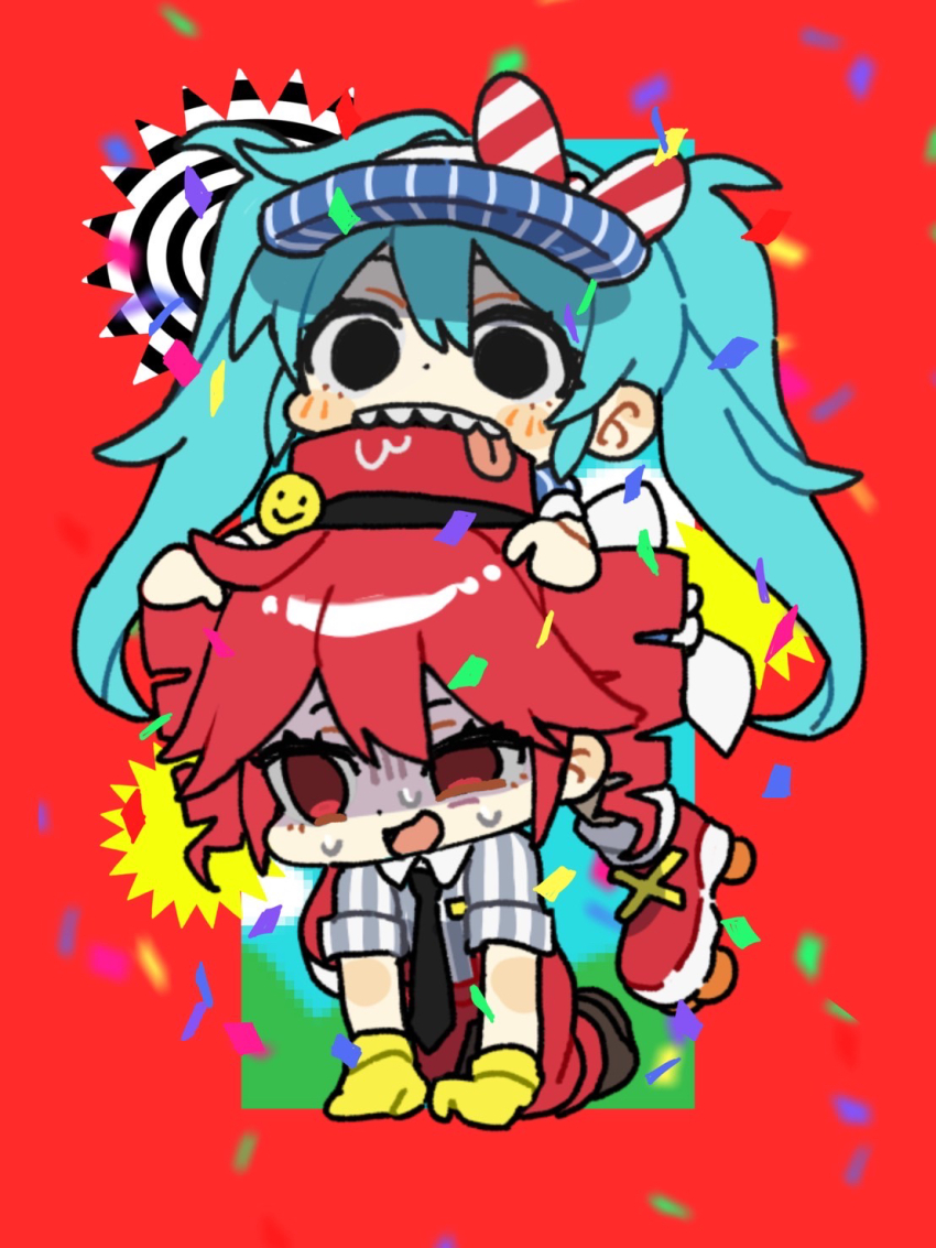 2girls, aqua_hair, biting_another's_clothes, black_eyes, black_necktie, blue_hat, blush_stickers, bow, brown_footwear, chibi, collared_shirt, confetti, drill_hair, empty_eyes, false_smile, gloves, grey_shirt, hair_between_eyes, hat, hatsune_miku, highres, itomaki_(itoma_11010), kasane_teto, mesmerizer_(vocaloid), multiple_girls, necktie, open_mouth, pants, pinstripe_hat, prostration, red_background, red_bow, red_eyes, red_hair, red_hat, red_pants, shaded_face, sharp_teeth, shirt, short_sleeves, sidelocks, smile, smiley_face, spiral, striped_bow, striped_clothes, striped_headwear, striped_shirt, suspenders, sweat, teeth, tongue, tongue_out, twin_drills, twintails, utau, vertical-striped_clothes, vertical-striped_headwear, vertical-striped_shirt, vocaloid, yellow_gloves