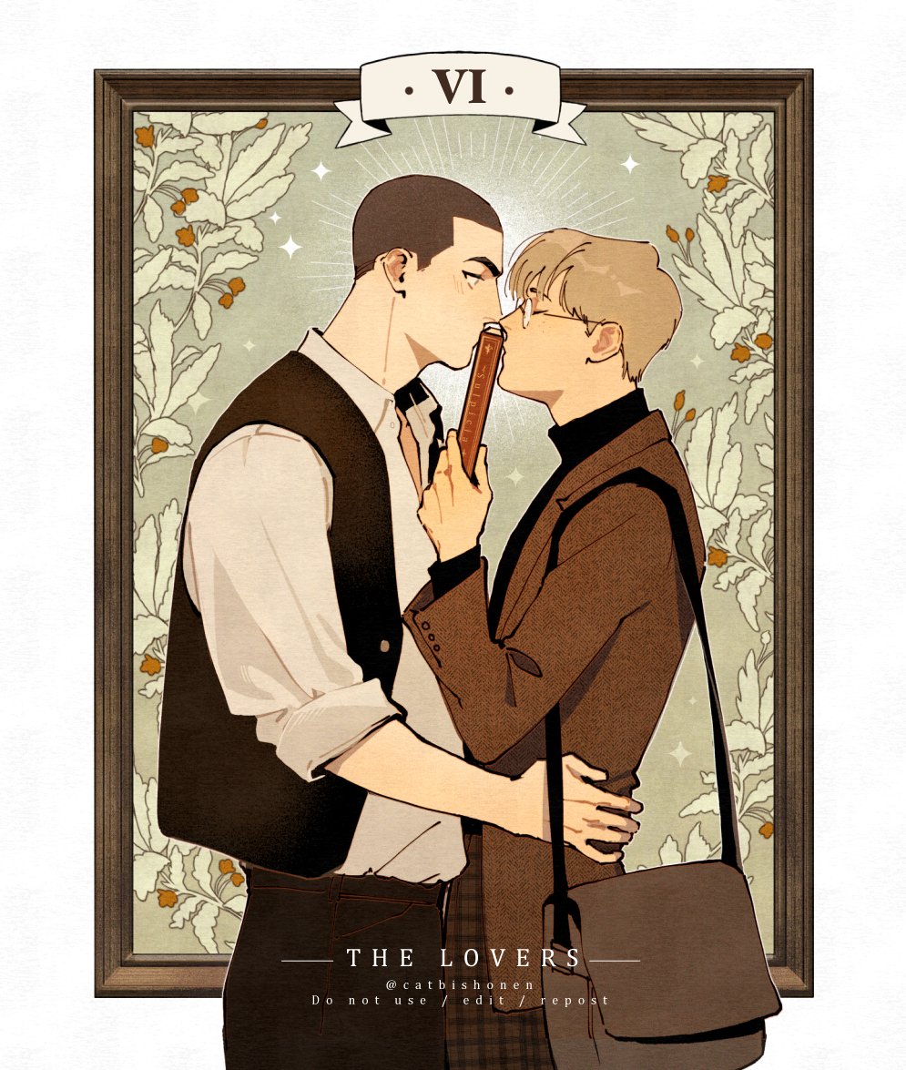 2boys, adam_parrish, arms_around_another's_waist, bishounen, black_hair, blonde_hair, blush, brown_suit