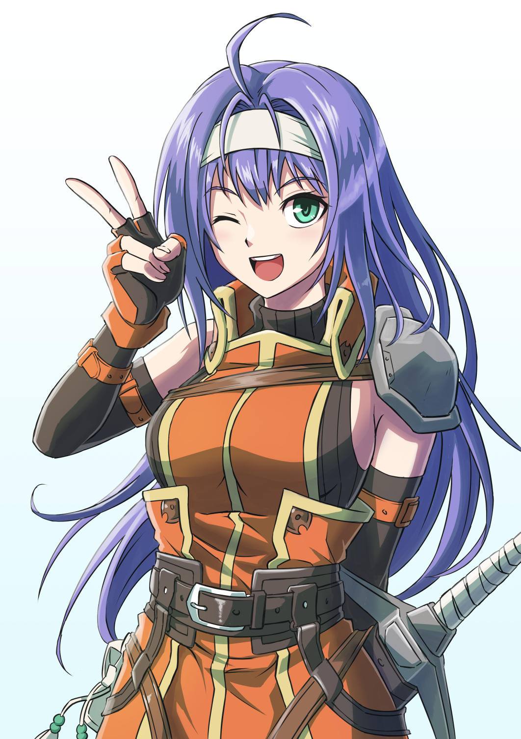 1girl, ;d, ahoge, arm_behind_back, armor, dress, elbow_gloves, fingerless_gloves