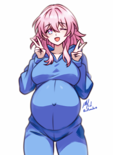 blue_pajamas, honkai:_star_rail, honkai_(series), march_7th_(honkai:_star_rail), one_eye_closed, onesie, open_mouth, pajamas, pink_eyes, pink_hair, popped_navel, pregnant, rotomdocs, short_hair, smile, victory_sign, wink