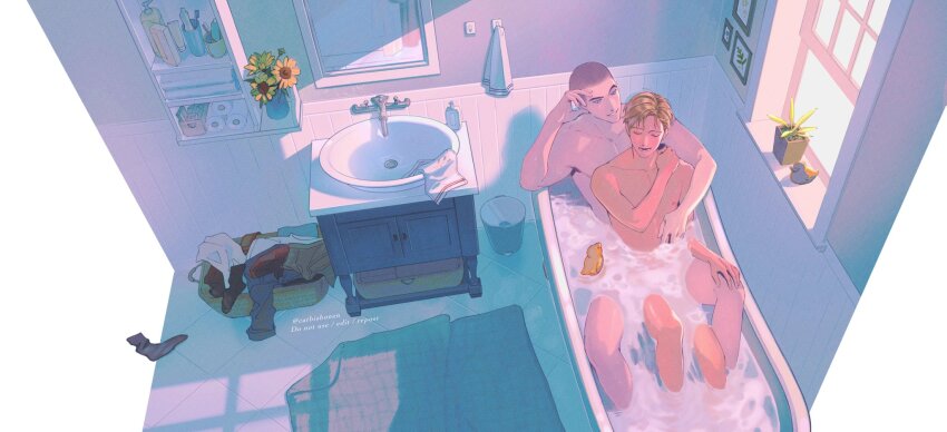 2boys, adam_parrish, bathing, bathroom, bathtub, black_hair, blonde_hair, blue_eyes