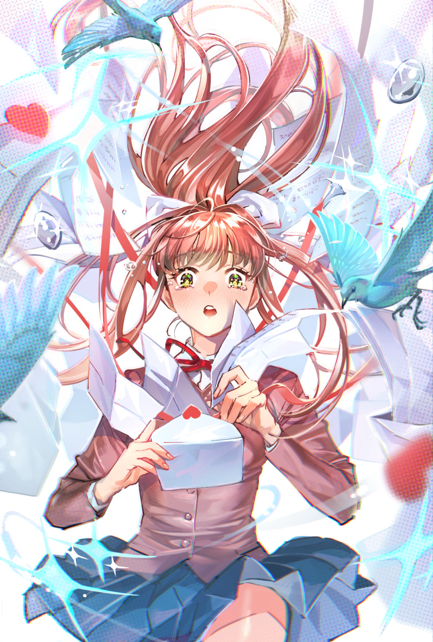 1girl, :o, bird, blue_skirt, blush, bow, brown_hair, brown_shirt