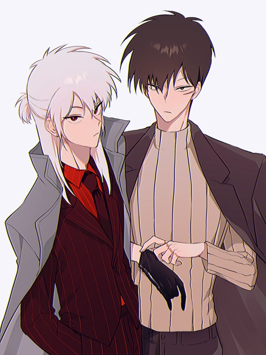 2boys, adjusting_clothes, adjusting_gloves, akagi_kaiji, black_coat, black_eyes, black_gloves, black_necktie, brown_hair, brown_jacket, brown_sweater, closed_mouth, coat, coat_on_shoulders, commentary, expressionless, facial_scar, formal_clothes, gloves, grey_coat, hair_between_eyes, half_updo, hands_in_pockets, highres, itou_shigeru, jacket, kiken_na_futari, long_hair, long_sleeves, looking_at_viewer, male_focus, multiple_boys, necktie, pants, ponytail, red_eyes, red_shirt, scar, scar_on_cheek, scar_on_face, scar_on_hand, shirt, short_hair, short_ponytail, siho_is_alien, simple_background, single_glove, striped_clothes, striped_jacket, striped_pants, suit, sweater, turtleneck, turtleneck_sweater, upper_body, vertical-striped_clothes, vertical-striped_jacket, vertical-striped_pants, vertical-striped_sweater, white_background, white_hair