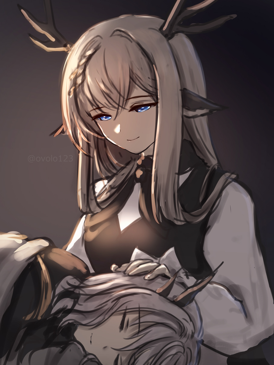 2girls, alina_(arknights), animal_ears, antlers, arknights, black_vest, blue_eyes, brown_hair