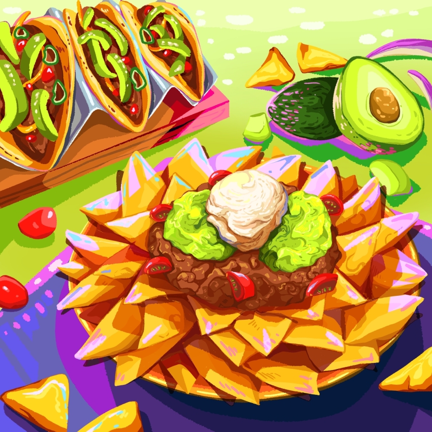 avocado, chili_con_carne, food, food_focus, guacamole, highres, meat, nachos, no_humans, original, plate, taco, vegetable, yuki00yo