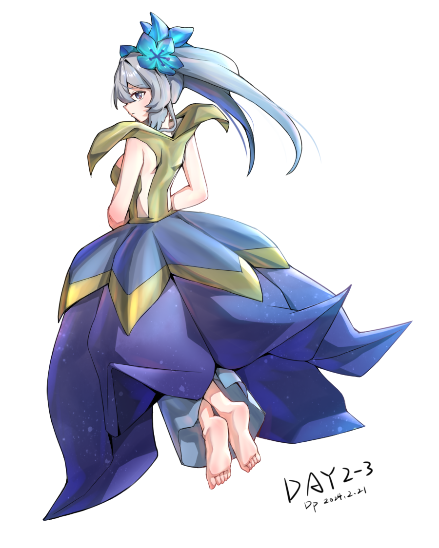 1girl, arknights, barefoot, blue_dress, commentary_request, cosplay, dated, dress