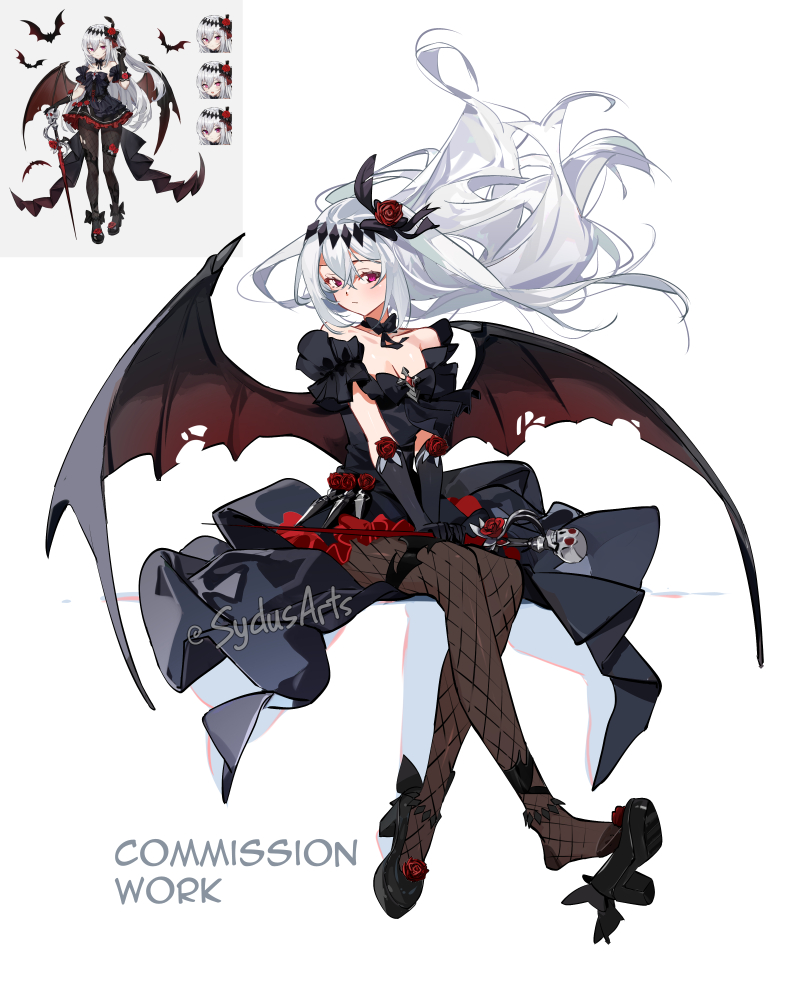 1girl, artist_name, black_dress, black_footwear, black_gloves, brown_pantyhose, circlet, commentary