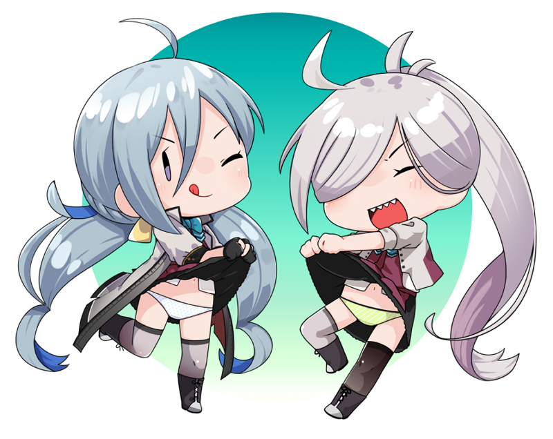 2girls, :q, ahoge, asashimo_(kancolle), asashimo_kai_ni_(kancolle), black_gloves, blue_hair, blue_panties