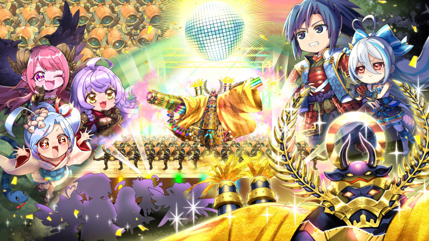 +_+, 2boys, 4girls, :3, :d, :t, \o/, ahoge