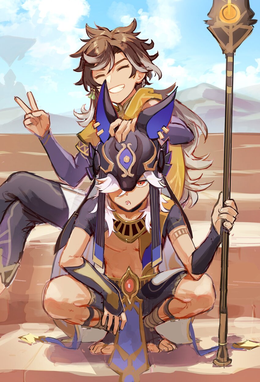 2boys, absurdres, black_hat, brown_hair, closed_eyes, crossed_legs, cyno_(genshin_impact), dark-skinned_male