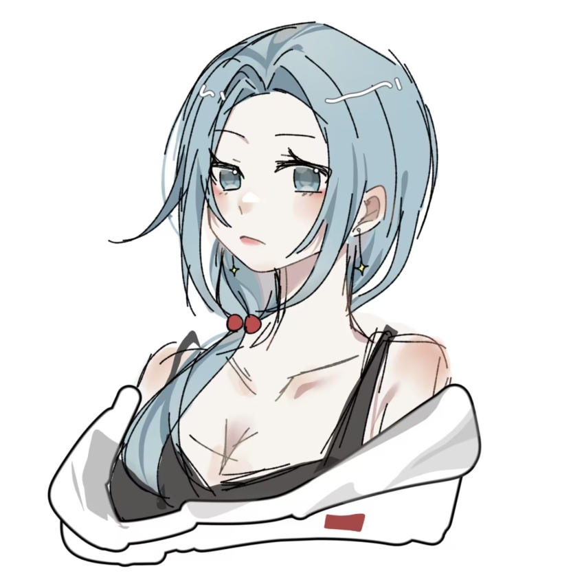 1girl, amber-breathe, black_tank_top, blue_eyes, blue_hair, breasts, chinese_commentary, cleavage, closed_mouth, collarbone, commentary_request, earrings, enomoto_noa, hair_bobbles, hair_ornament, highres, jewelry, light_blue_hair, low_ponytail, low_side_ponytail, medium_breasts, parted_bangs, ponytail, portrait, saibou_shinkyoku, side_ponytail, simple_background, sketch, solo, tank_top, white_background