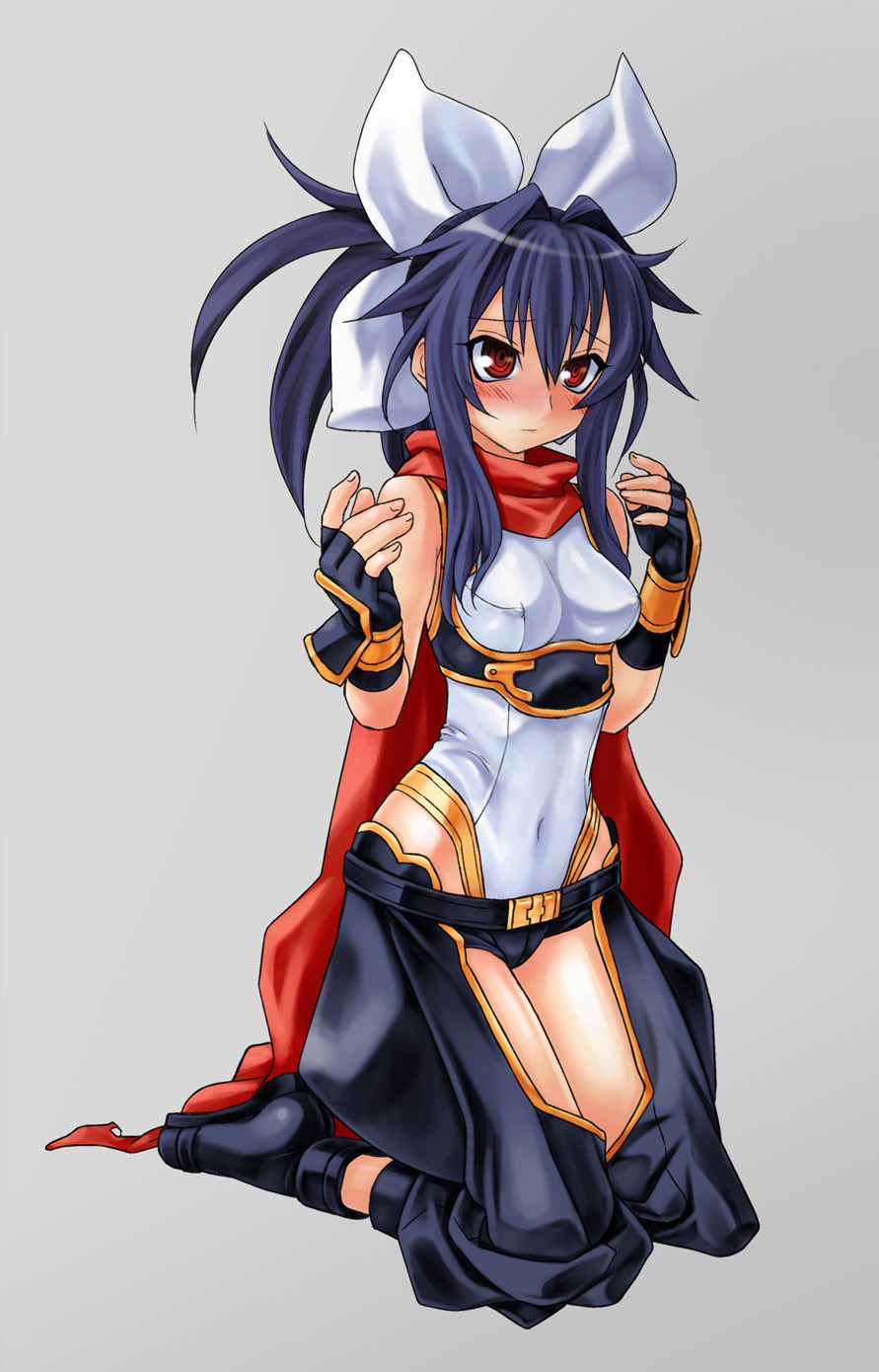 blush, breasts, cape, fingerless_gloves, gloves, hair_ribbon, highres, hikabe_sakuho