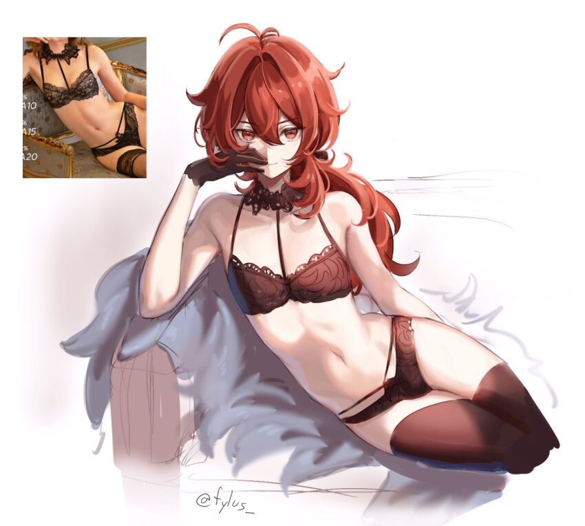 1boy, black_bra, black_panties, black_thighhighs, bra, closed_mouth, diluc_(genshin_impact), fur_trim, fylus, genshin_impact, hair_between_eyes, lingerie, long_hair, male_focus, panties, photo-referenced, ponytail, red_eyes, red_hair, smile, solo, thighhighs, trap, underwear, white_background