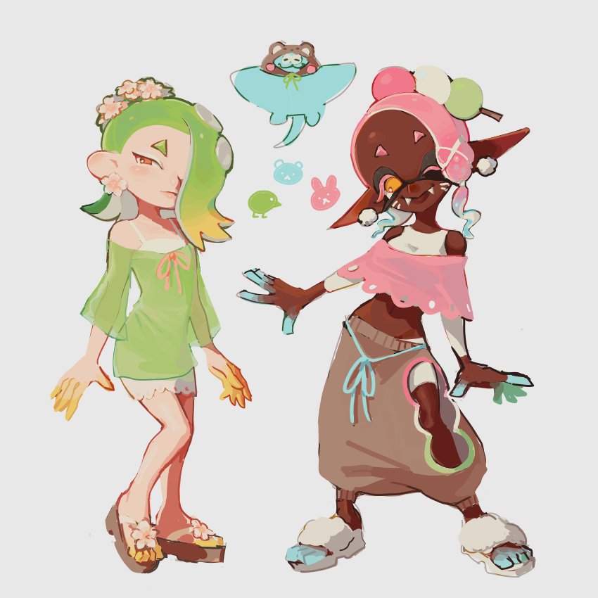 1boy, 2girls, big_man_(splatoon), big_man_(springfest)_(splatoon), blonde_hair, closed_mouth, clothing_cutout, colored_eyelashes, colored_tips, commentary, dango, dark-skinned_female, dark_skin, earrings, fangs, fangs_out, flower_earrings, food, food_on_head, frye_(splatoon), frye_(springfest)_(splatoon), green_hair, inkling, jewelry, long_pointy_ears, medium_hair, multicolored_hair, multiple_girls, nintendo, object_on_head, octoling, official_alternate_costume, one_eye_closed, pointy_ears, red_eyes, reptacular, sandals, shiver_(splatoon), shiver_(springfest)_(splatoon), simple_background, splatoon_(series), splatoon_3, untranslatable_commentary, tentacle_hair, two-tone_hair, wagashi, white_background, yellow_eyes