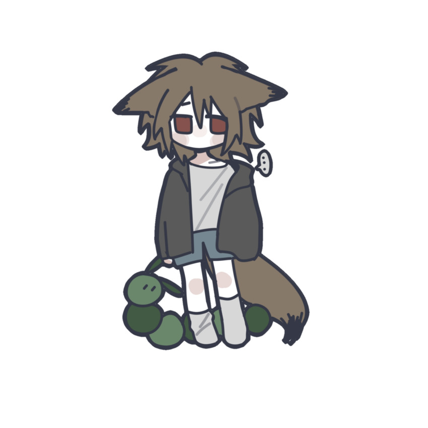 ..., 1boy, amber-breathe, animal_ears, asymmetrical_legwear, black_jacket, blue_shorts, brown_hair, chibi, chinese_commentary, commentary_request, deformed, fox_boy, fox_ears, fox_tail, grey_shirt, grey_socks, highres, holding, holding_stuffed_toy, isoi_haruki, jacket, long_sleeves, male_focus, no_mouth, no_nose, open_clothes, open_jacket, red_eyes, saibou_shinkyoku, shirt, short_hair, shorts, simple_background, socks, solo, spoken_ellipsis, stuffed_animal, stuffed_caterpillar, stuffed_toy, tail, transparent_background, uneven_legwear