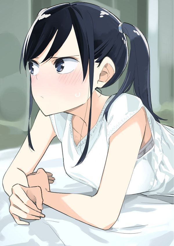 1girl, alternate_hairstyle, bed, black_hair, black_skirt, blush, closed_mouth, giji_harem, long_hair, looking_to_the_side, lying, nanakura_rin, official_art, shirt, skirt, solo, twintails, very_long_hair, white_shirt