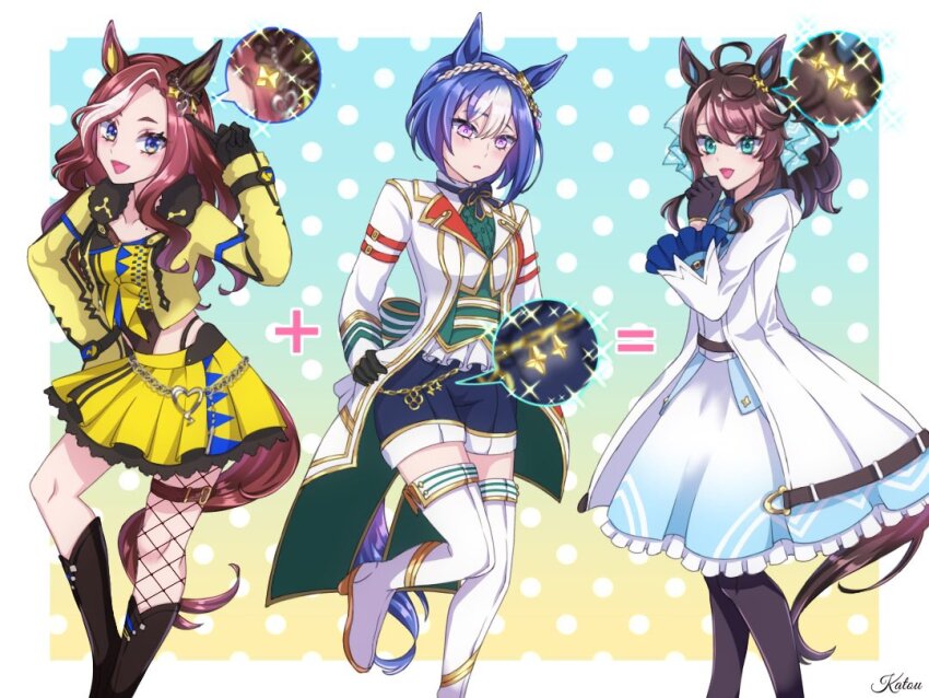 3girls, ahoge, animal_ears, artist_name, belt, black_hair, blue_eyes, blush, boots, braid, breasts, c2f9aa, cesario_(future_weaver)_(umamusume), cesario_(umamusume), commentary_request, crown_braid, daring_heart_(umamusume), daring_tact_(umamusume), gloves, hair_ornament, horse_ears, horse_girl, horse_tail, long_hair, looking_at_viewer, medium_breasts, medium_hair, mole, mole_on_breast, multiple_girls, open_mouth, pantyhose, purple_eyes, shorts, star_(symbol), star_hair_ornament, tail, thighhighs, umamusume, umamusume_horse_relations