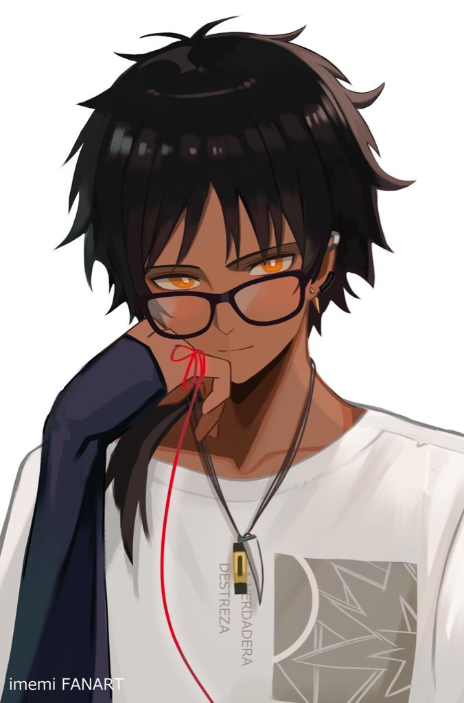 1boy, arknights, bespectacled, black_gloves, black_hair, blush, bright_pupils, commentary