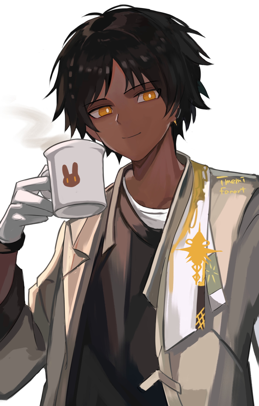 1boy, arknights, black_hair, black_shirt, brown_jacket, commentary_request, cup, dark-skinned_male