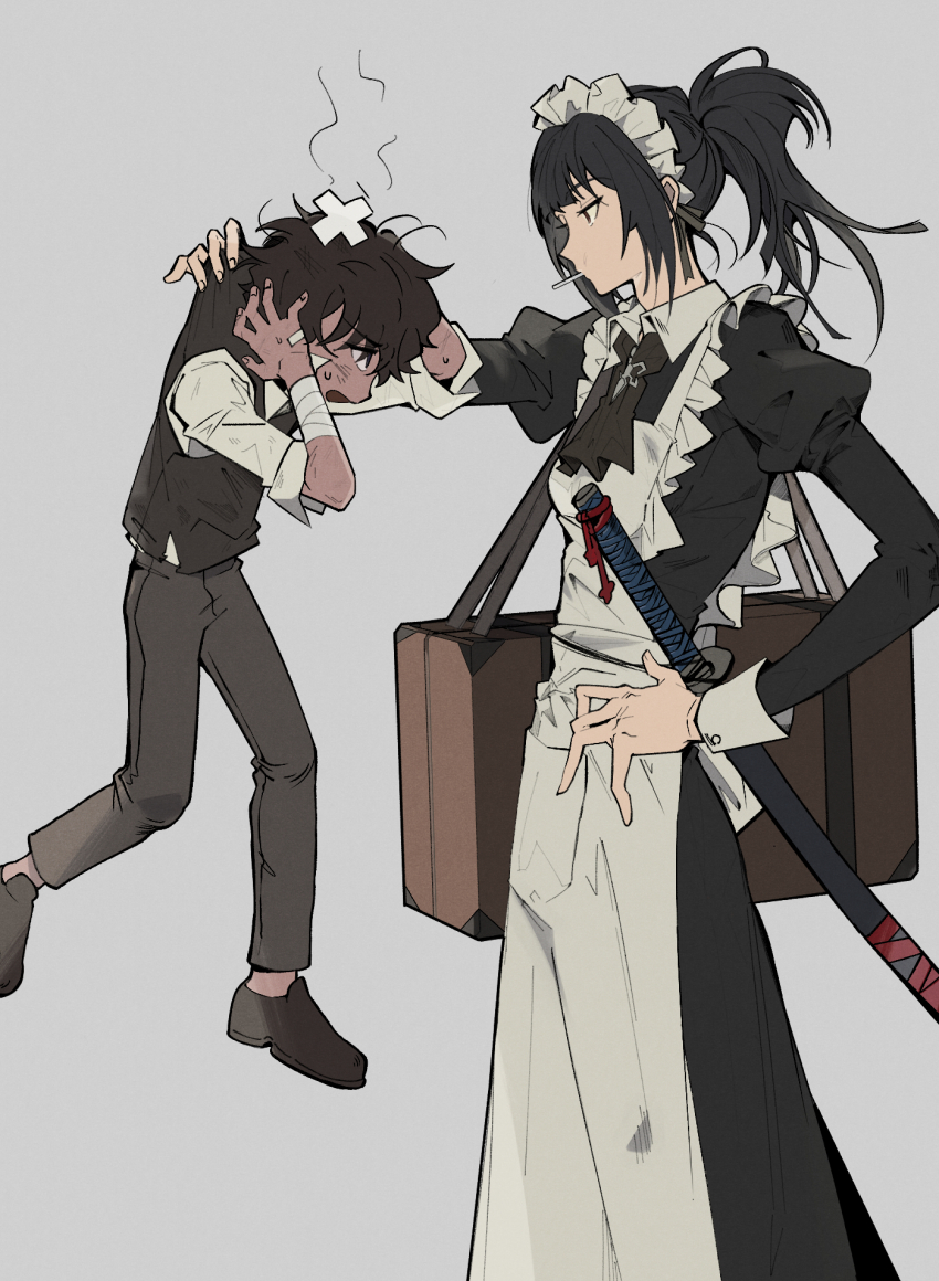 1boy, 1girl, aged_down, apron, black_dress, child, cigarette, dress, frilled_apron, frills, grey_background, heathcliff_(project_moon), highres, katana, limbus_company, maid, maid_apron, maid_headdress, meatpie72, official_alternate_costume, ponytail, project_moon, ryoshu_(project_moon), simple_background, smoke, smoking, suitcase, sword, unconventional_maid, waist_apron, weapon, white_apron