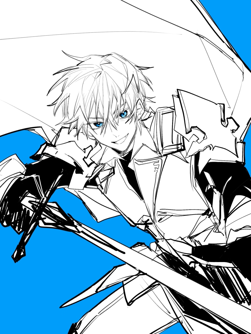 1boy, blue_background, blue_eyes, bracer, cape_lift, chinese_commentary, collared_vest, commentary_request