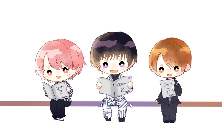 3boys, argyle_clothes, argyle_necktie, belt, black_footwear, black_hair, black_jacket, black_necktie