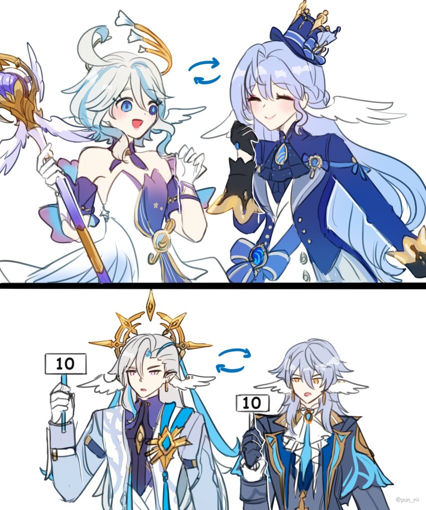 2boys, 2girls, :d, ^_^, ahoge, ascot, blue_ascot, blue_coat, blue_eyes, blue_hair, blue_jacket, brooch, choker, closed_eyes, coat, commentary, cosplay, costume_switch, detached_sleeves, dress, furina_(genshin_impact), furina_(genshin_impact)_(cosplay), genshin_impact, gloves, grey_coat, head_wings, highres, holding, holding_sign, holding_staff, honkai:_star_rail, honkai_(series), jacket, jewelry, long_hair, long_sleeves, looking_at_another, mihoyo, multiple_boys, multiple_girls, neuvillette_(genshin_impact), neuvillette_(genshin_impact)_(cosplay), open_mouth, pun-rii, purple_choker, robin_(honkai:_star_rail), robin_(honkai:_star_rail)_(cosplay), shirt, short_hair, short_sleeves, sign, simple_background, smile, staff, strapless, strapless_dress, sunday_(honkai:_star_rail), sunday_(honkai:_star_rail)_(cosplay), sunday_(sacerdos'_relived_ordeal)_(honkai:_star_rail), upper_body, very_long_hair, white_background, white_dress, white_gloves, white_hair, white_shirt, wings