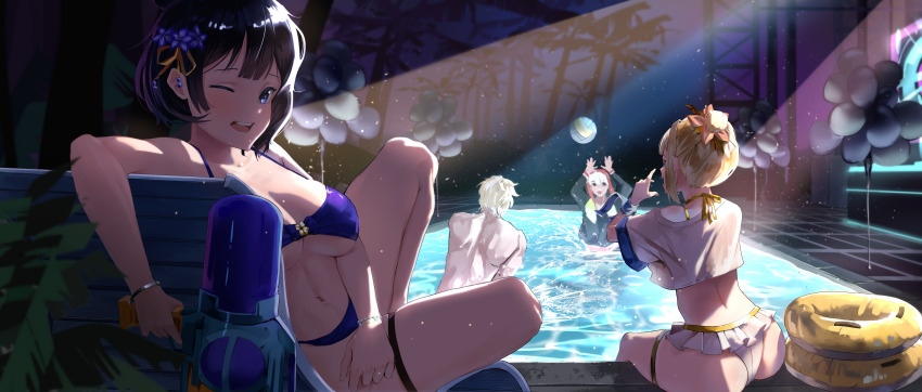 2boys, 2girls, absurdres, ass, ball, balloon, beach_chair, beachball