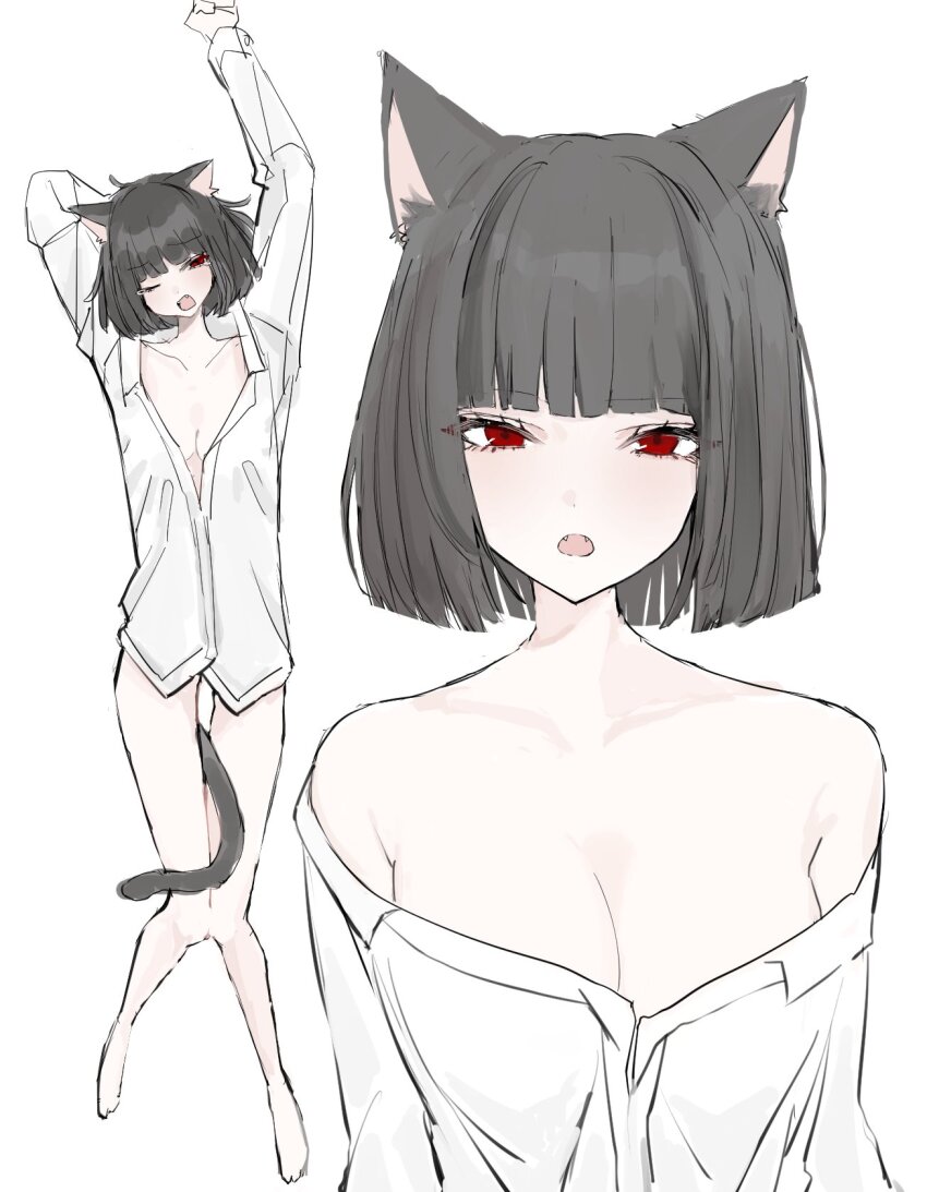 1girl, alternate_costume, animal_ears, black_hair, breasts, cat_ears, cat_girl, cat_tail