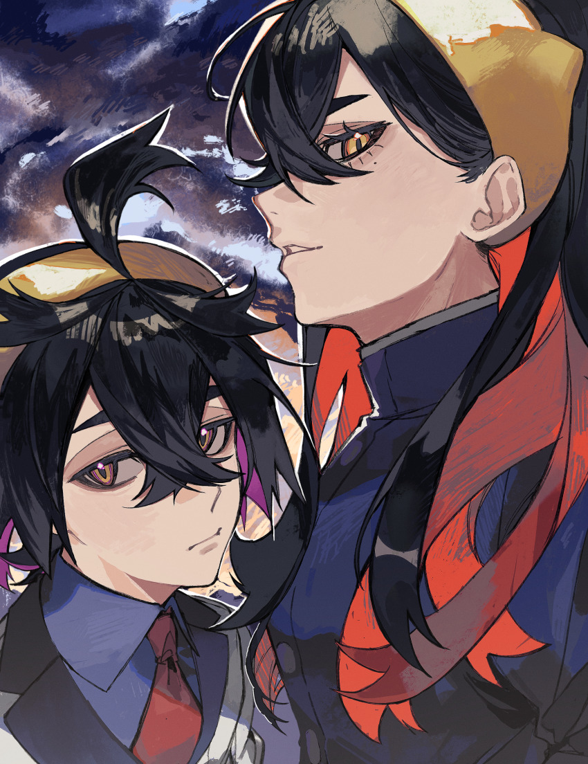 1boy, 1girl, absurdres, ahoge, black_hair, blue_shirt, brother_and_sister, carmine_(pokemon)