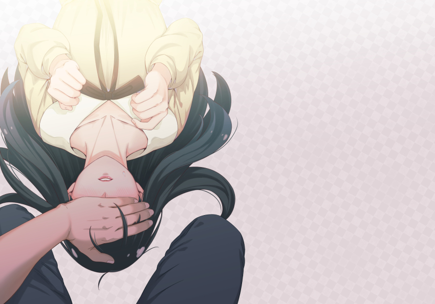 1boy, 1girl, black_hair, blush, breasts, covered_eyes, covering_another's_eyes, hand_on_another's_face