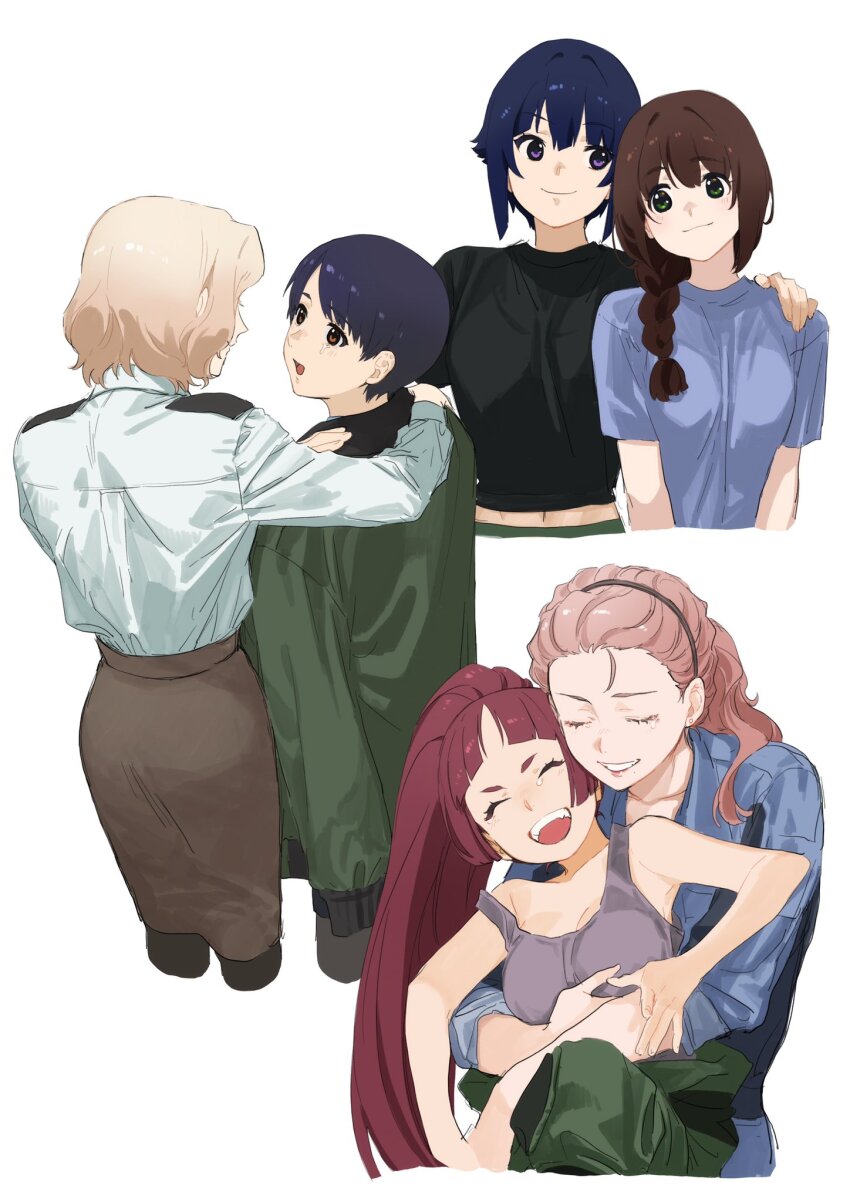 53_(kanimisomrmr), 6+girls, akira_mishima, black_hair, blonde_hair, blue_shirt, braid, braided_ponytail