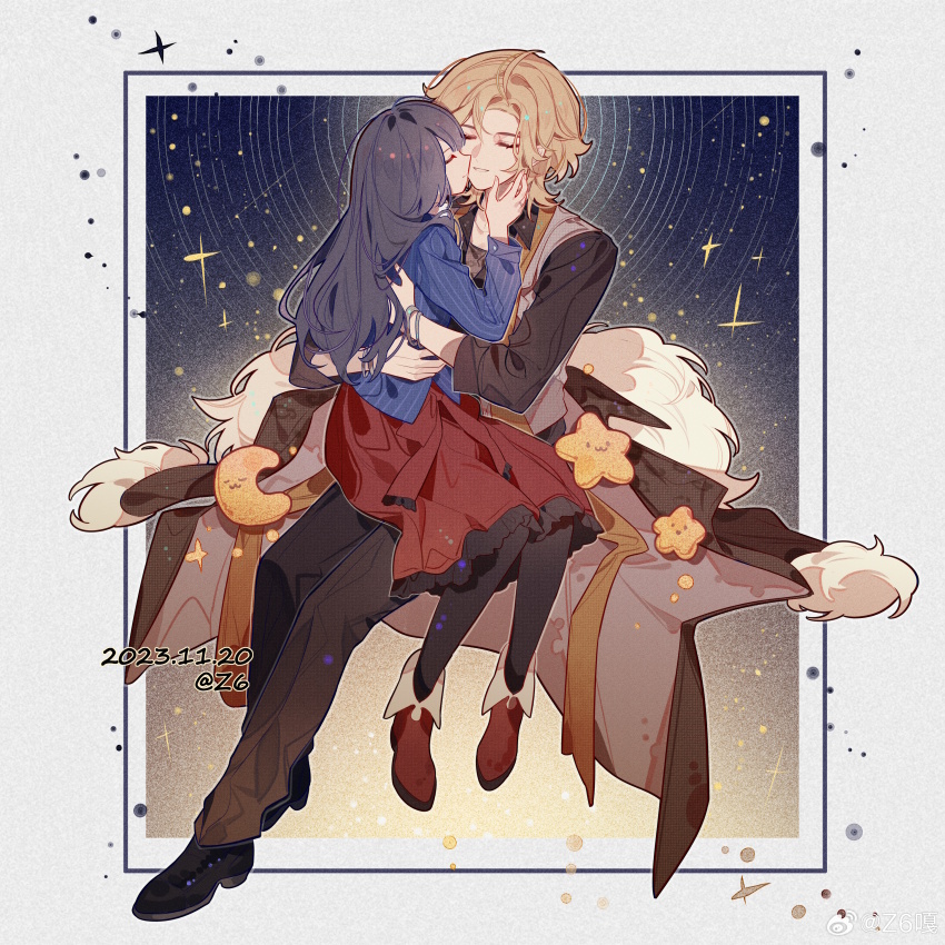 1boy, 1girl, absurdres, animal_print, ankle_boots, black_footwear, black_hair, black_pants