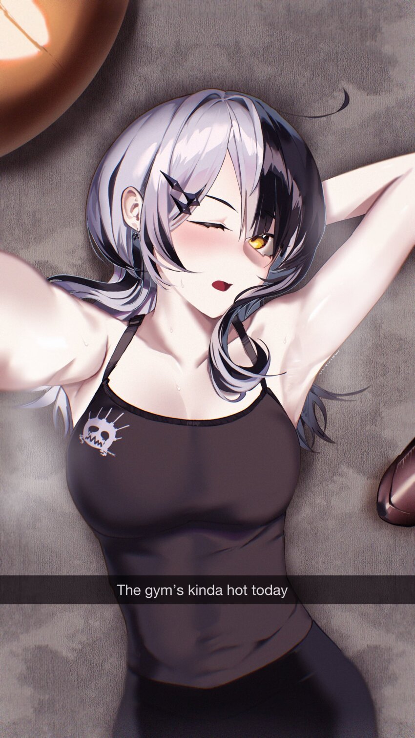 1girl, arm_behind_head, arm_up, armpits, black_hair, black_tank_top, breasts, collarbone, commentary, english_commentary, english_text, grey_hair, hair_ornament, hairclip, highres, hololive, hololive_english, large_breasts, long_hair, looking_at_viewer, lying, multicolored_hair, nyxview, on_back, one_eye_closed, open_mouth, selfie, shiori_novella, solo, split-color_hair, tank_top, two-tone_hair, virtual_youtuber, yellow_eyes