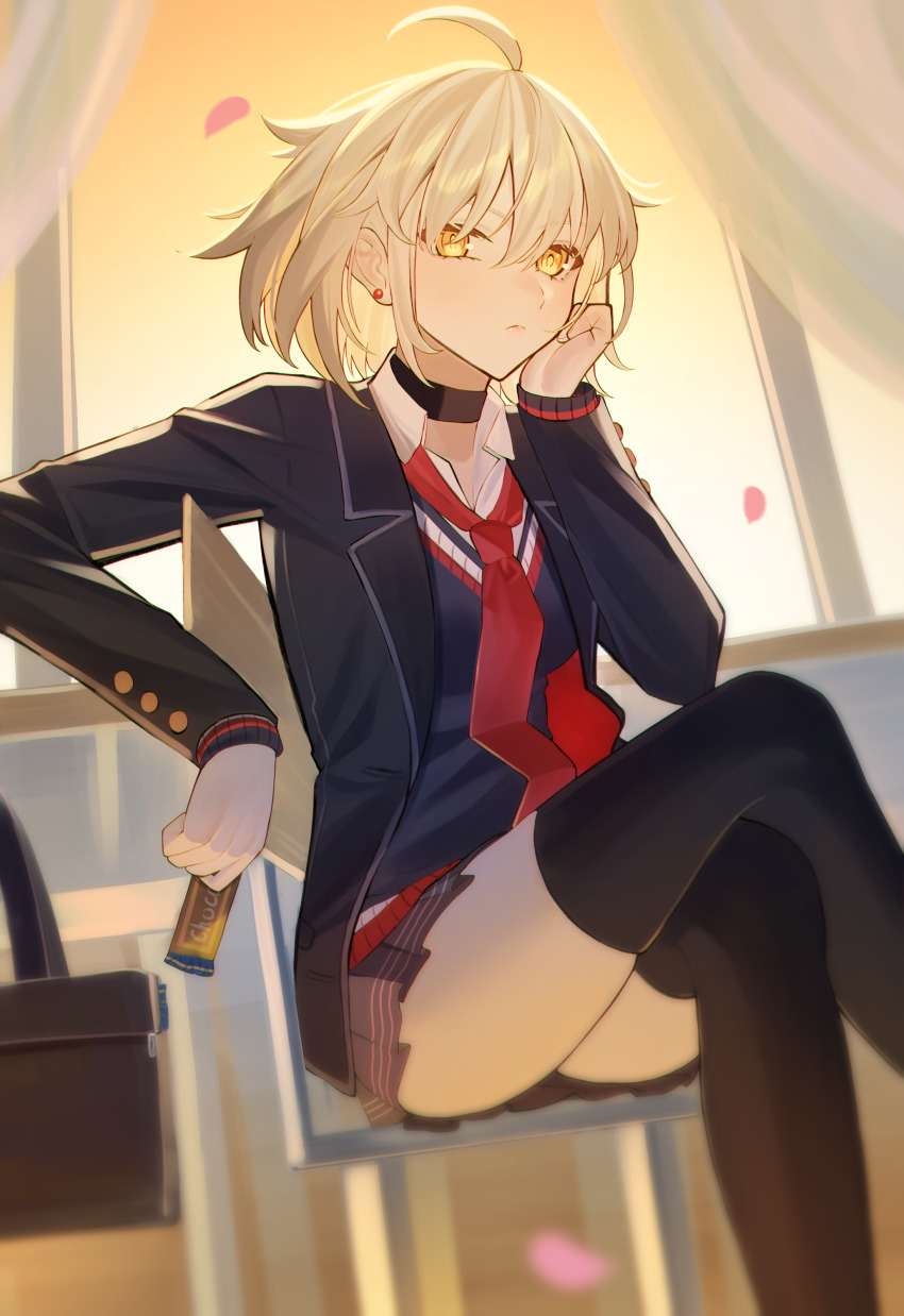 1girl, absurdres, ahoge, black_jacket, blush, breasts, crossed_legs, fate/grand_order, fate_(series), grey_hair, highres, jacket, jeanne_d'arc_alter_(avenger)_(fate), jeanne_d'arc_alter_(fate), large_breasts, light_(nightty45), long_sleeves, looking_at_viewer, necktie, orange_sky, school_uniform, short_hair, sitting, skirt, sky, solo, sunset, twilight, window, yellow_eyes