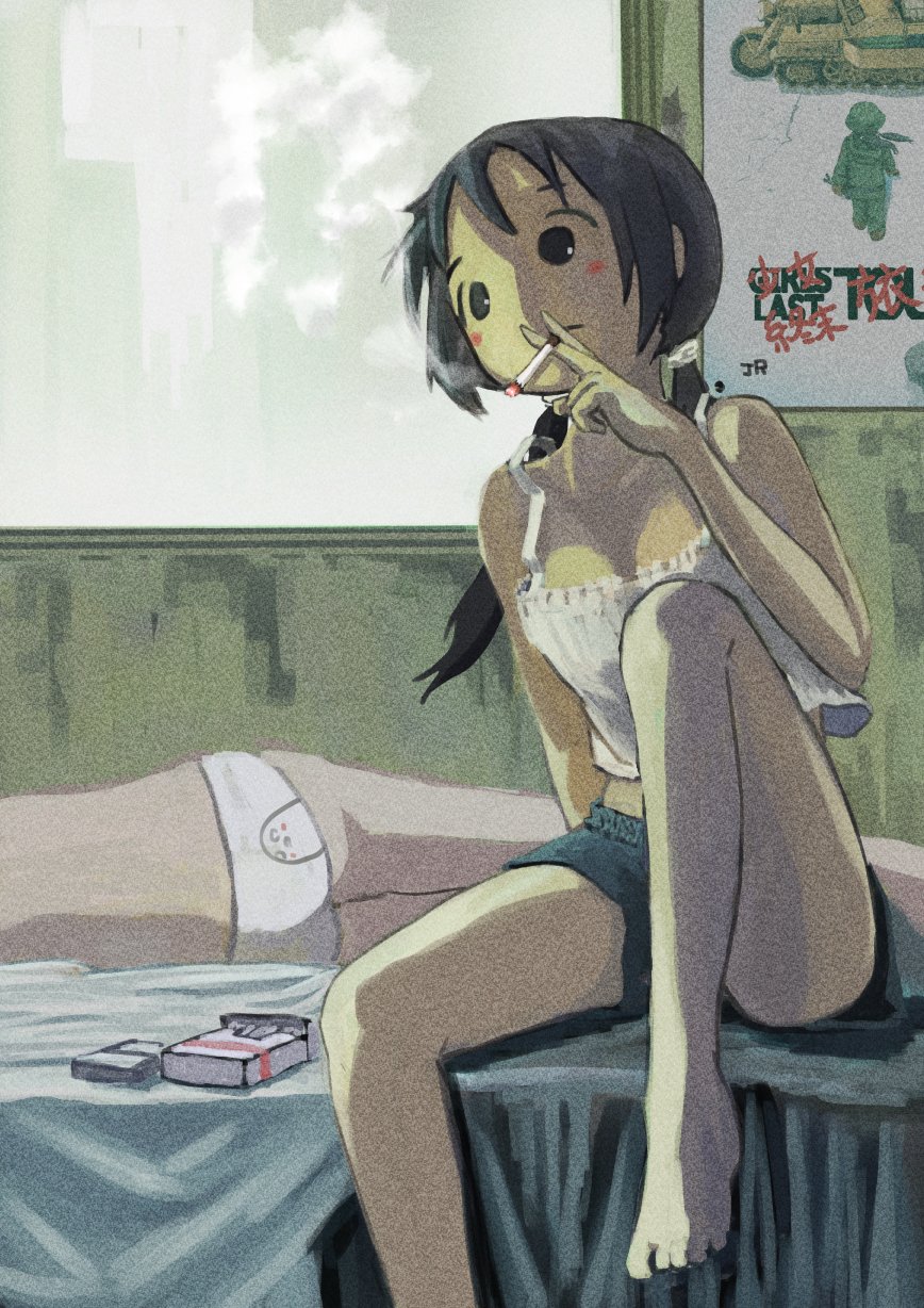 2girls, 5afvb, akira_(manga), arm_support, bed, bed_sheet, black_eyes, black_hair, black_sclera, black_shorts, blanket, blush_stickers, camisole, chito_(shoujo_shuumatsu_ryokou), cigarette, cigarette_pack, collarbone, colored_sclera, highres, holding, holding_cigarette, knee_up, looking_to_the_side, lying, multiple_girls, no_pupils, on_bed, on_side, panties, poster, print_panties, shorts, shoujo_shuumatsu_ryokou, sitting, sleeping, smoking, twintails, underwear, white_camisole, white_panties, yuuri_(shoujo_shuumatsu_ryokou)