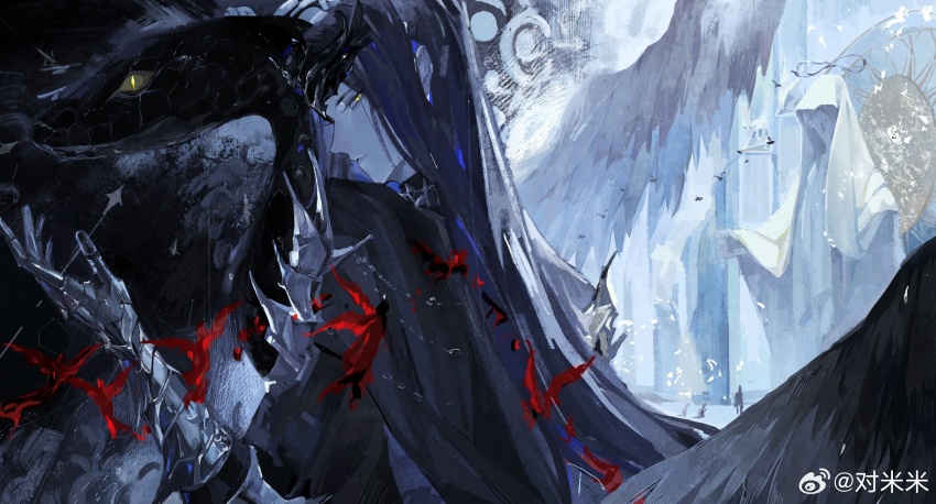 1boy, animal, black_cape, black_hair, black_shirt, black_vs_white, black_wings, blue_hair