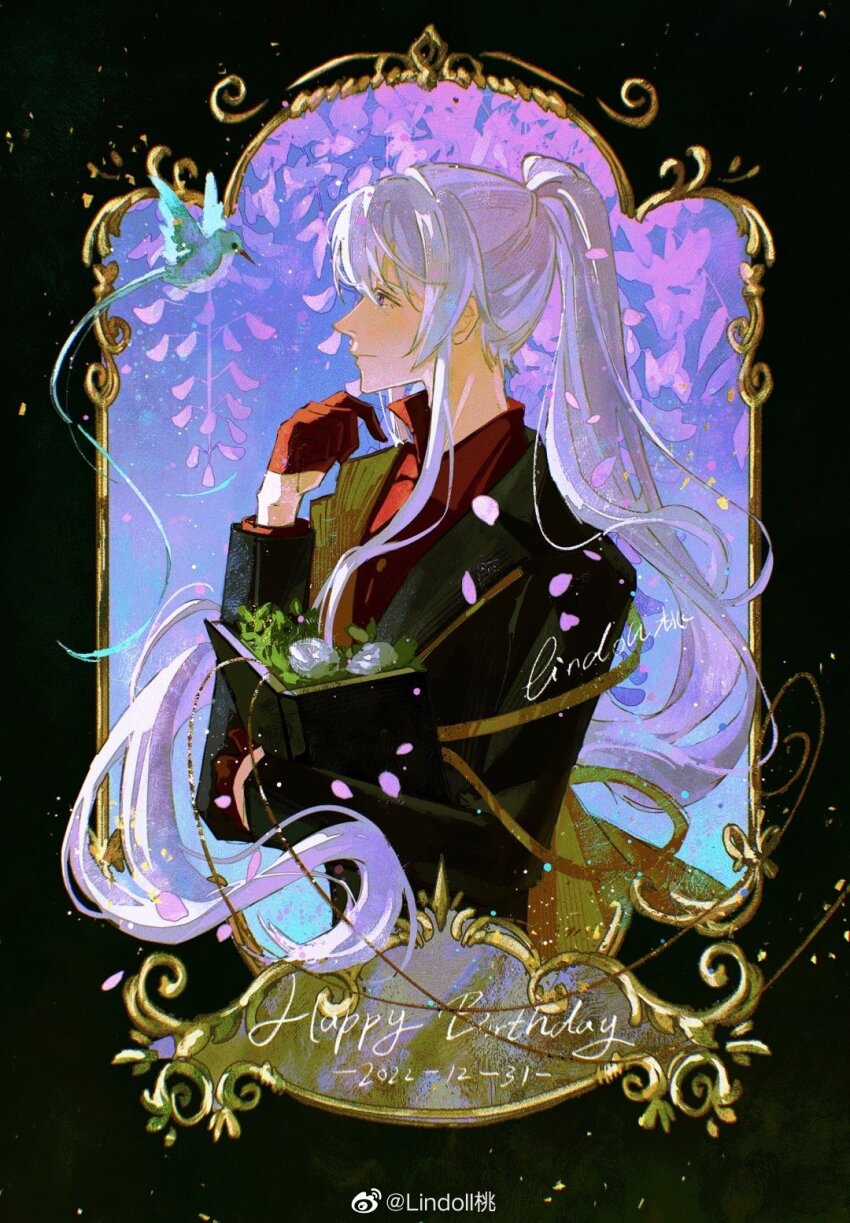 1boy, artist_name, bird, bishounen, black_border, black_jacket, blue_background, book, border, cael_anselm, cael_anselm_(night_snowfall), closed_mouth, dated, falling_petals, flower, from_side, gloves, hair_between_eyes, half_gloves, hand_on_own_chin, happy_birthday, high_ponytail, highres, holding, holding_book, jacket, lapels, light_particles, light_smile, lindoll, long_hair, long_sleeves, looking_at_animal, lovebrush_chronicles, male_focus, notched_lapels, open_book, outside_border, petals, picture_frame, ponytail, popped_collar, profile, purple_eyes, purple_flower, red_gloves, red_shirt, rose, shirt, sidelocks, solo, upper_body, very_long_hair, watermark, wavy_hair, weibo_watermark, white_flower, white_hair, white_rose, wisteria
