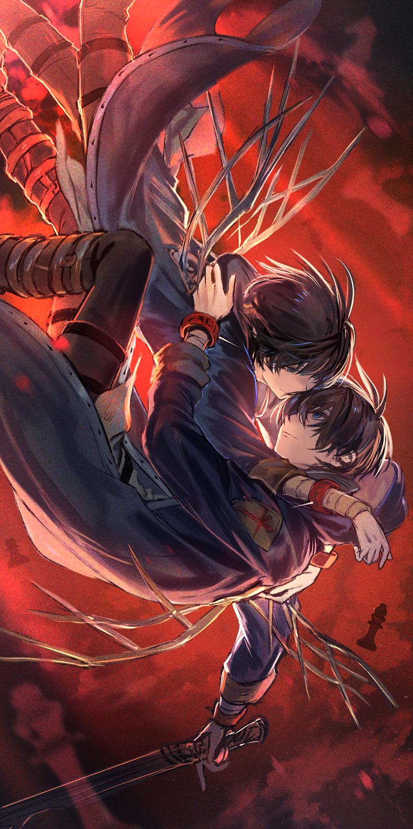 2boys, akiyoshi_nozomu, bandaged_arm, bandages, baroque_(series), black_hair, blonde_hair, blue_eyes