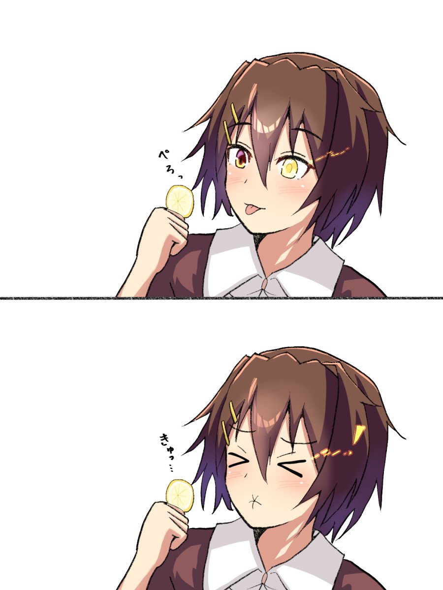 >_<, 1girl, brown_eyes, brown_hair, elbow_gloves, food, fruit, furutaka_(kancolle)
