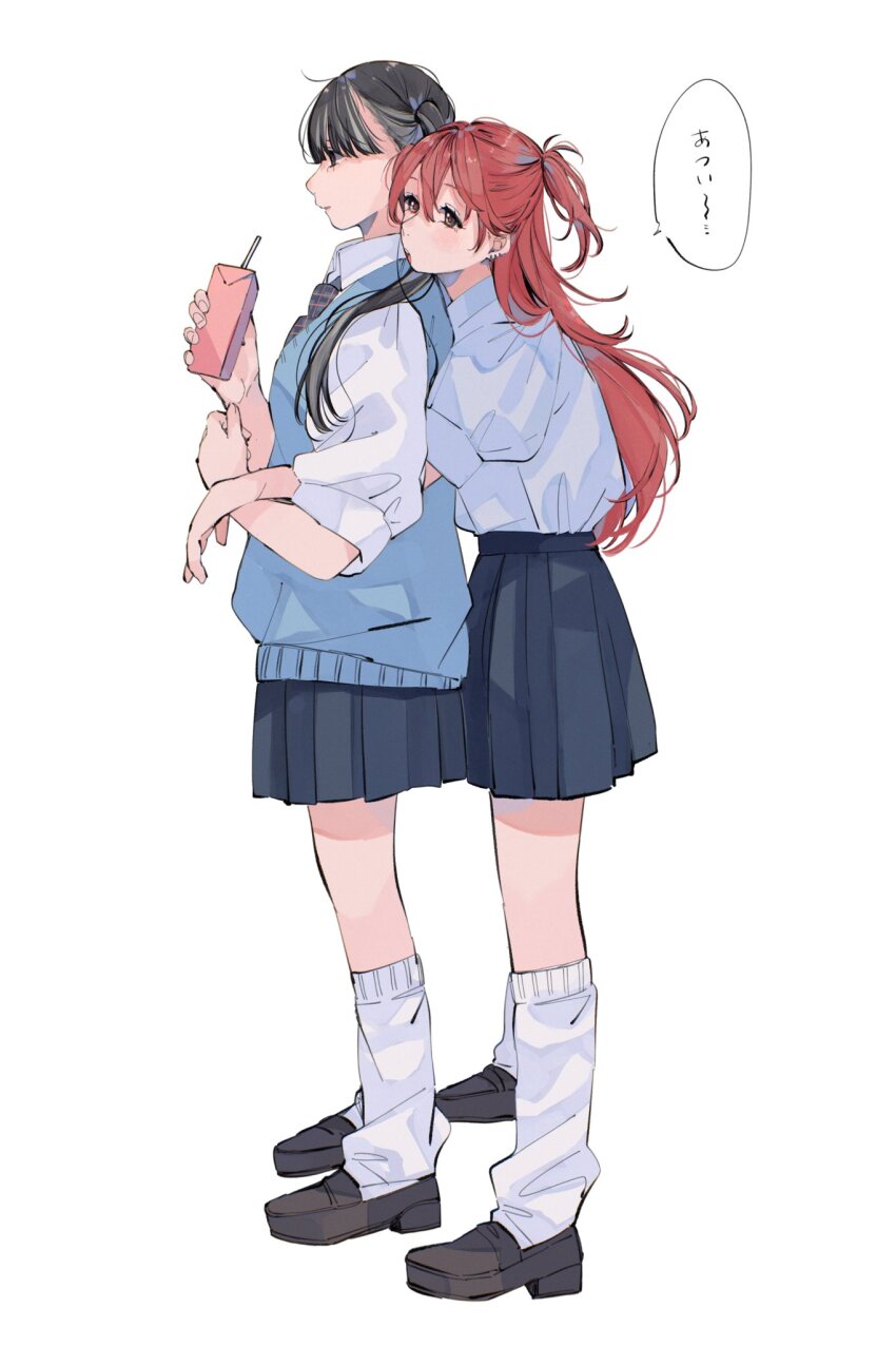 2girls, black_eyes, black_footwear, black_hair, black_necktie, blue_skirt, blue_sweater_vest, blush