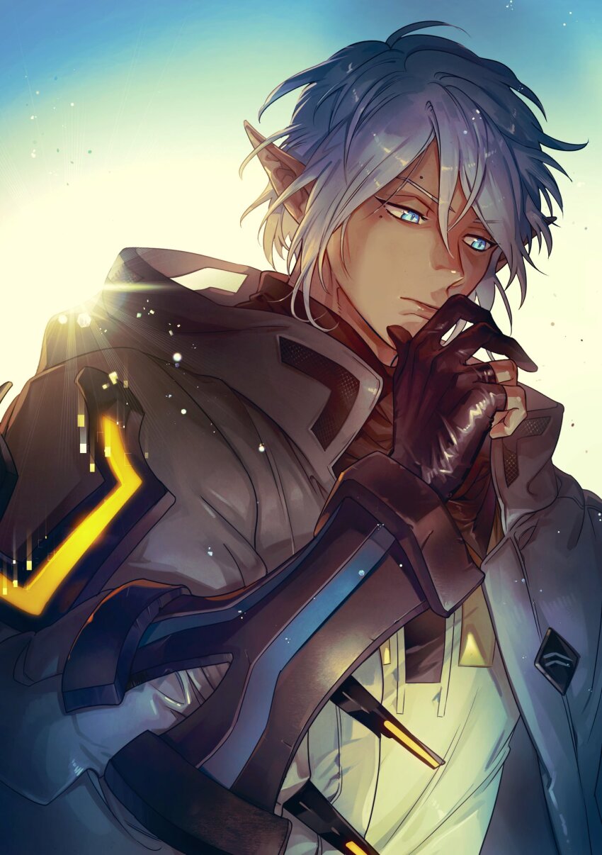 1boy, 5altybitter5, backlighting, blue_eyes, closed_mouth, gloves, grey_hair, grey_jacket, highres, jacket, looking_down, lord_of_heroes, male_focus, mikhail_blake, mole, mole_above_eye, mole_under_eye, open_clothes, open_jacket, partially_fingerless_gloves, pointy_ears, solo, upper_body