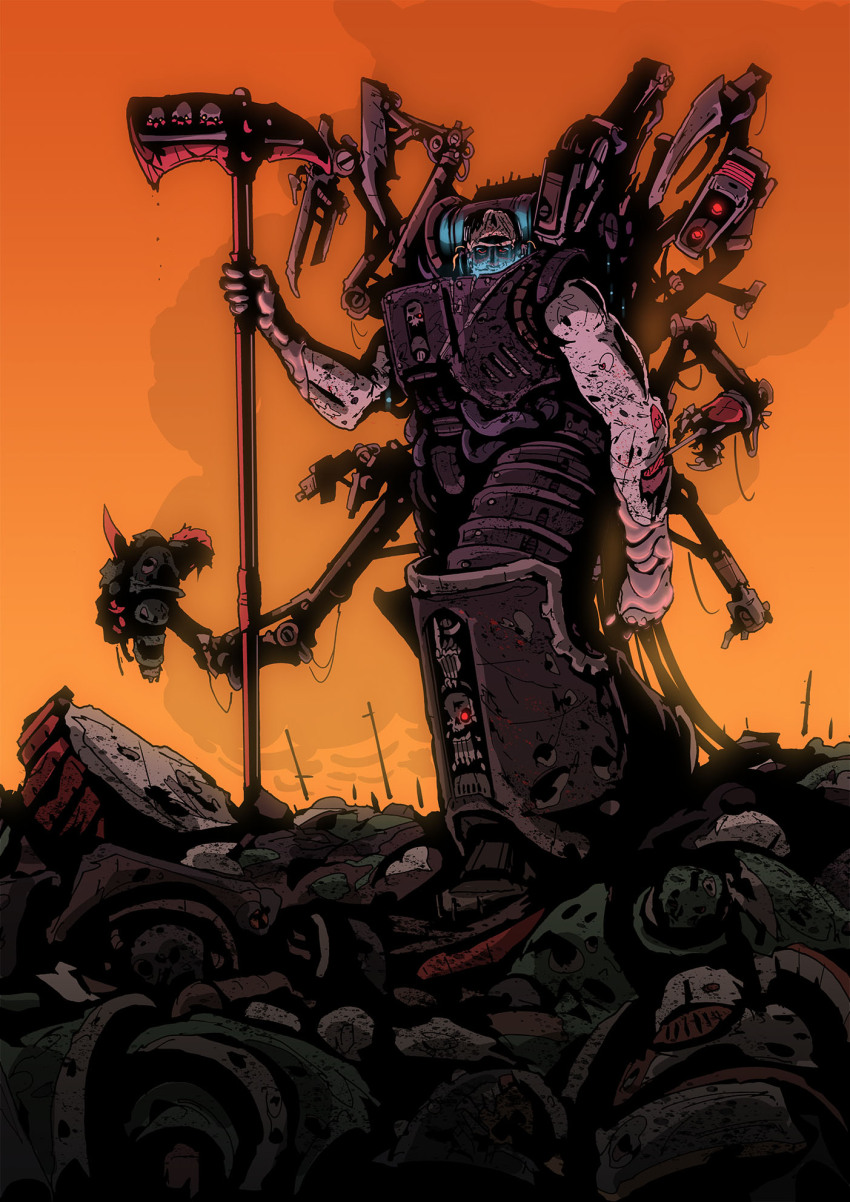 1boy, armor, bare_arms, blue_light, colored_sclera, commentary, darkmechanic, english_commentary