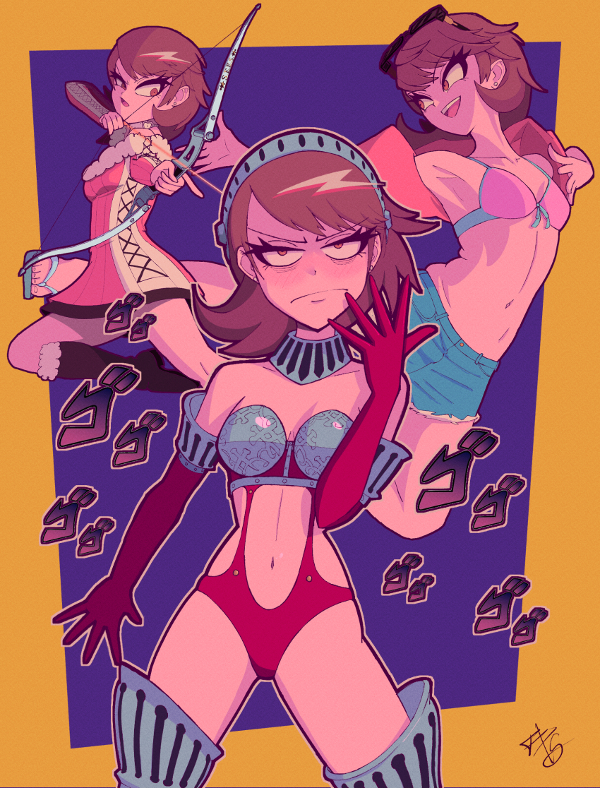 1girl, aiming, arrow_(projectile), bikini, bikini_top_only, boots, border, bow_(weapon)