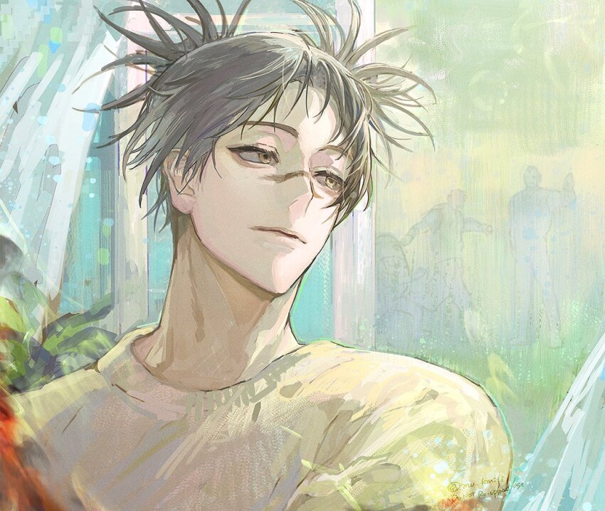 1boy, black_hair, brown_eyes, choso_(jujutsu_kaisen), closed_mouth, curtains, double_bun, expressionless