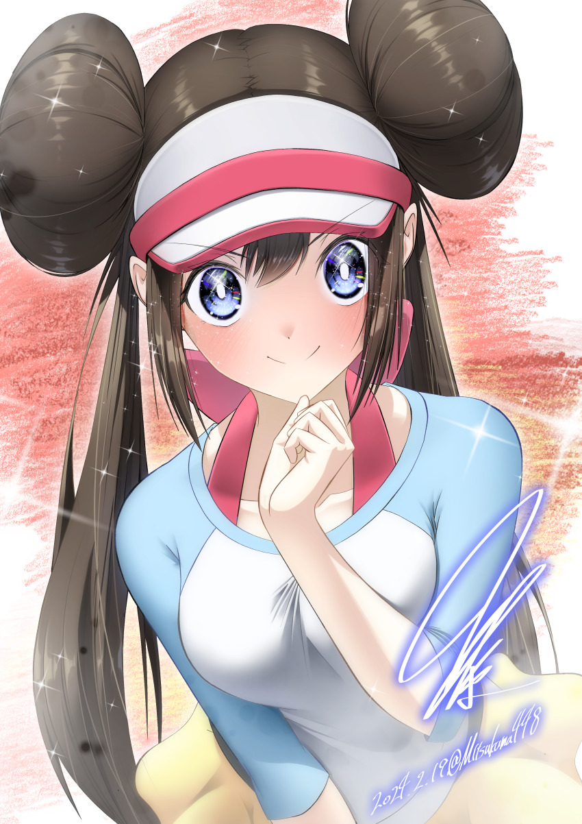 1girl, absurdres, blue_eyes, blush, breasts, bright_pupils, brown_hair, closed_mouth, commentary_request, dated, double_bun, hair_bun, hand_up, highres, long_hair, looking_at_viewer, mitsukuma448, nintendo, pokemon, pokemon_black_2_and_white_2, raglan_sleeves, rosa_(pokemon), shirt, shorts, signature, smile, solo, sparkle, twintails, upper_body, visor_cap, white_pupils, yellow_shorts