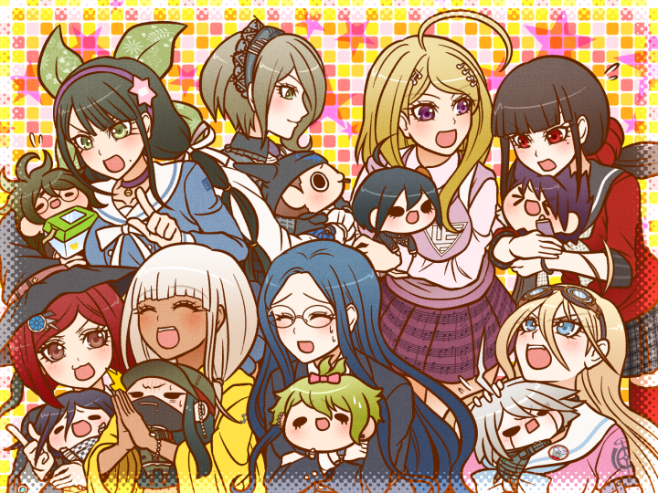 >_<, 6+boys, 6+girls, ^_^, ahoge, akamatsu_kaede, amami_rantaro, android