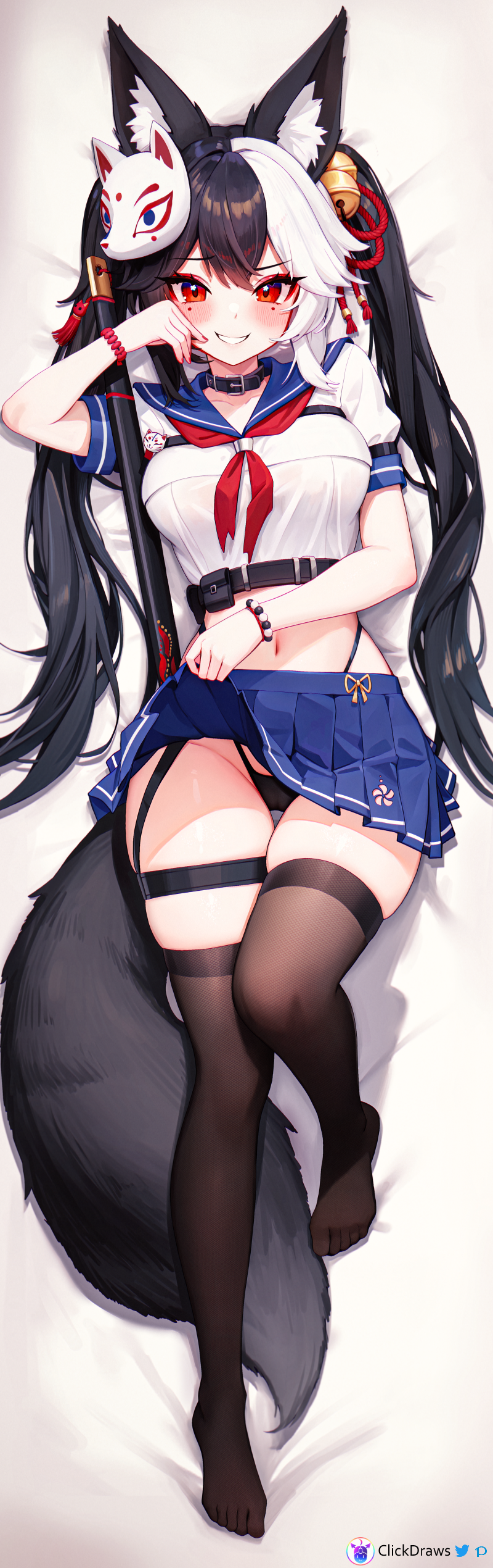 1girl, absurdres, animal_ears, bead_bracelet, beads, bed_sheet, belt, belt_pouch, bikini, bikini_under_clothes, black_bikini, black_choker, black_hair, blue_sailor_collar, blue_skirt, blush, bracelet, breasts, brown_thighhighs, cameltoe, choker, clickdraws, clothes_lift, collarbone, crop_top, dakimakura_(medium), feet, fox_ears, fox_girl, fox_mask, fox_tail, full_body, gammainkk, grin, hand_up, highleg, highleg_bikini, highres, indie_virtual_youtuber, jewelry, katana, legs, lifting_own_clothes, long_hair, looking_at_viewer, lying, mask, mask_on_head, medium_breasts, midriff, miniskirt, mole, mole_under_eye, multicolored_hair, nail_polish, navel, neckerchief, no_shoes, on_back, on_bed, pleated_skirt, pouch, raised_eyebrow, red_eyes, sailor_collar, school_uniform, serafuku, shirt, short_sleeves, skindentation, skirt, skirt_lift, smile, smug, solo, stomach, string_bikini, swimsuit, sword, tail, thigh_gap, thigh_strap, thighhighs, thighs, toes, twintails, two-tone_hair, very_long_hair, virtual_youtuber, weapon, white_hair, white_shirt