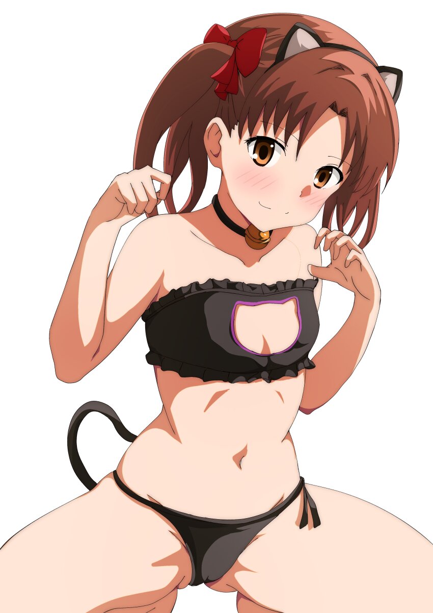 1girl, absurdres, animal_ears, bikini, black_bikini, black_hairband, blush, bow, breasts, brown_eyes, brown_hair, cameltoe, cat_cutout, cat_ears, cat_lingerie, cat_tail, cleavage, cleavage_cutout, closed_mouth, clothing_cutout, collarbone, commission, fake_animal_ears, fake_tail, frilled_bikini, frills, hair_bow, hairband, hands_up, highres, kishishi_(kishiman-ya), long_hair, looking_at_viewer, navel, red_bow, second-party_edit, second-party_source, shirai_kuroko, side-tie_bikini_bottom, simple_background, skeb_commission, small_breasts, smile, solo, split_mouth, squatting, sweatdrop, swimsuit, tail, toaru_kagaku_no_railgun, toaru_majutsu_no_index, twintails, white_background
